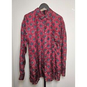 Porcini Silk Shirt Mens M Red Geometric Button Up Long Sleeve Vintage 90s Retro